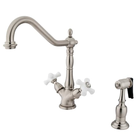 Kingston Brass Heritage 2-Handle Kitchen Faucet W/Brass Sprayer & 8" Plate, Nickel KS1238PXBS